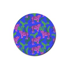 Pink Tigers On A Blue Background Rubber Coaster (round) by SychEva