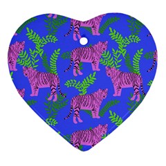 Pink Tigers On A Blue Background Heart Ornament (two Sides) by SychEva