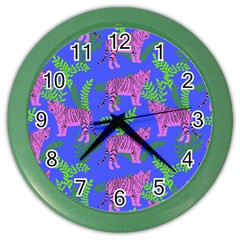 Pink Tigers On A Blue Background Color Wall Clock by SychEva