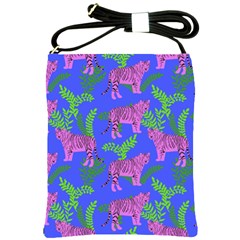 Pink Tigers On A Blue Background Shoulder Sling Bag by SychEva