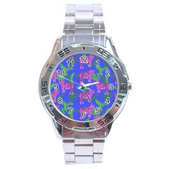 Pink Tigers On A Blue Background Stainless Steel Analogue Watch by SychEva