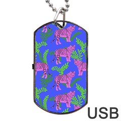 Pink Tigers On A Blue Background Dog Tag Usb Flash (one Side) by SychEva