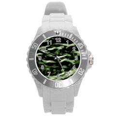 Green  Waves Abstract Series No5 Round Plastic Sport Watch (l) by DimitriosArt