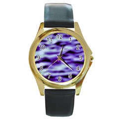 Purple  Waves Abstract Series No3 Round Gold Metal Watch by DimitriosArt