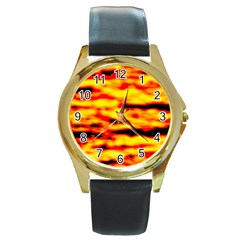 Red  Waves Abstract Series No16 Round Gold Metal Watch by DimitriosArt