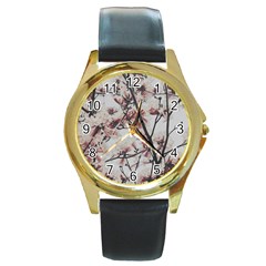 Botanical Scene Textured Beauty Print Round Gold Metal Watch by dflcprintsclothing