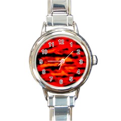 Red  Waves Abstract Series No16 Round Italian Charm Watch by DimitriosArt