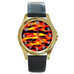 Red  Waves Abstract Series No18 Round Gold Metal Watch by DimitriosArt