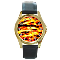 Red  Waves Abstract Series No19 Round Gold Metal Watch by DimitriosArt