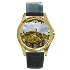 Ancient Mystras Landscape, Peloponnese, Greece Round Gold Metal Watch