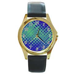 Blue Green Tiling  Round Gold Metal Watch by lujastyles