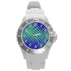 Blue Green Tiling  Round Plastic Sport Watch (l) by lujastyles