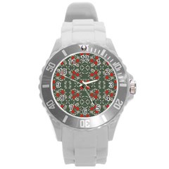 Floral folk damask pattern Fantasy flowers Floral geometric fantasy Round Plastic Sport Watch (L)