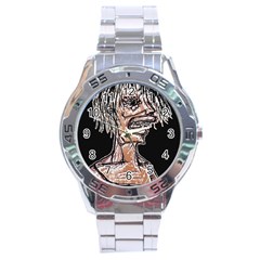 Sketchy Style Drawing Zombie Woman Stainless Steel Analogue Watch