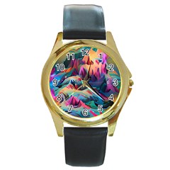 Colorful Mountains Round Gold Metal Watch by Dazzleway