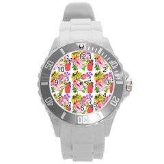 Flowers Pattern Round Plastic Sport Watch (l) by Sparkle