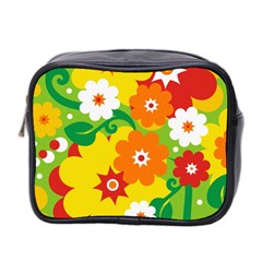 Flower Power Wallpaper Green Yellow Orange Red Mini Toiletries Bag (two Sides) by EDDArt