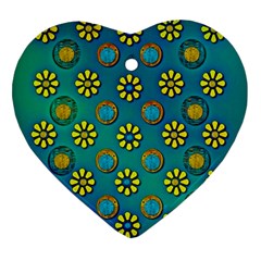 Yellow And Blue Proud Blooming Flowers Ornament (heart) by pepitasart