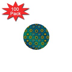 Yellow And Blue Proud Blooming Flowers 1  Mini Buttons (100 Pack)  by pepitasart