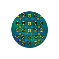 Yellow And Blue Proud Blooming Flowers Rubber Coaster (round) by pepitasart