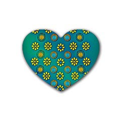 Yellow And Blue Proud Blooming Flowers Rubber Coaster (heart) by pepitasart