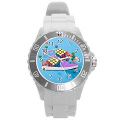 Floating-cubes-on-blue Backgrounderaser 20220422 203144521 Backgrounderaser 20220422 203216276 Round Plastic Sport Watch (L)