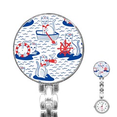 Nautical Cats Seamless Pattern Stainless Steel Nurses Watch by Jancukart