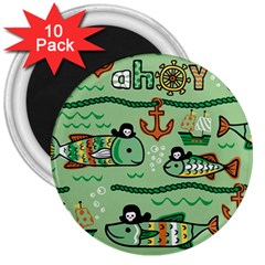 Seamless Pattern Fishes Pirates Cartoon 3  Magnets (10 Pack) 