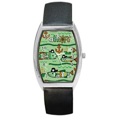 Seamless Pattern Fishes Pirates Cartoon Barrel Style Metal Watch