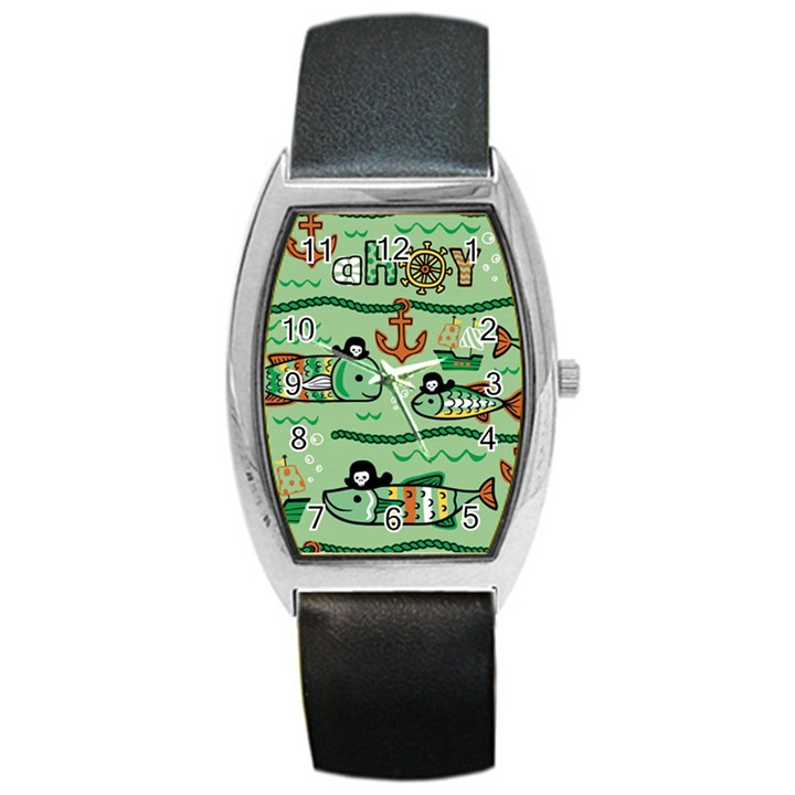 Seamless Pattern Fishes Pirates Cartoon Barrel Style Metal Watch