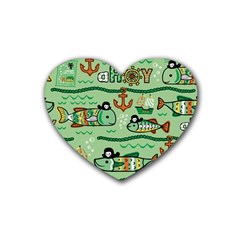 Seamless Pattern Fishes Pirates Cartoon Rubber Coaster (heart)