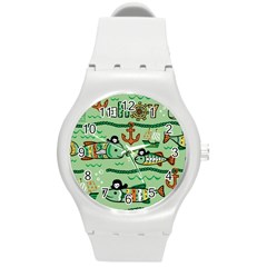 Seamless Pattern Fishes Pirates Cartoon Round Plastic Sport Watch (m) by Jancukart