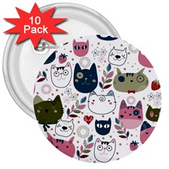 Pattern With Cute Cat Heads 3  Buttons (10 Pack) 