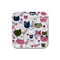 Pattern With Cute Cat Heads Rubber Square Coaster (4 Pack)