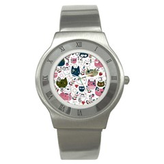 Pattern With Cute Cat Heads Stainless Steel Watch