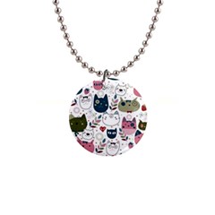 Pattern With Cute Cat Heads 1  Button Necklace by Jancukart