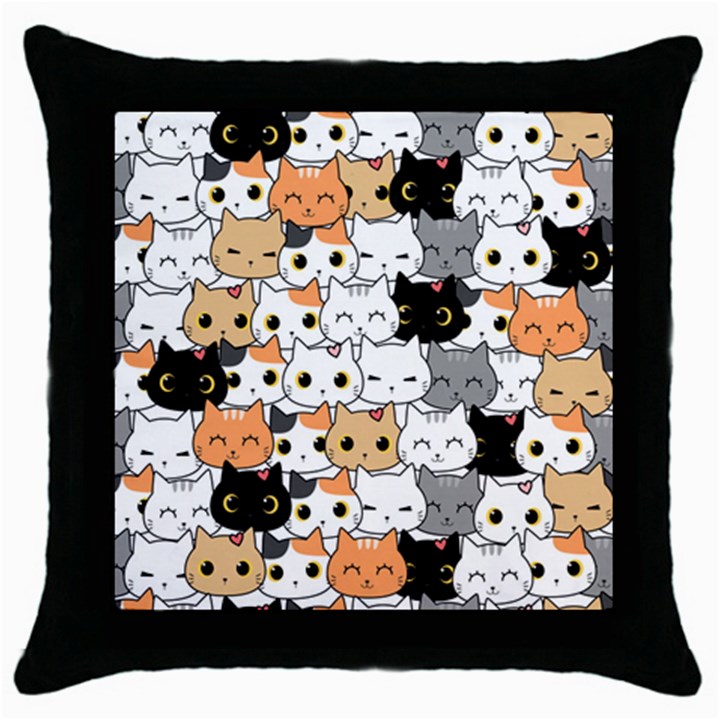Cute-cat-kitten-cartoon-doodle-seamless-pattern Throw Pillow Case (Black)