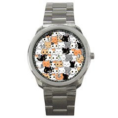 Cute-cat-kitten-cartoon-doodle-seamless-pattern Sport Metal Watch