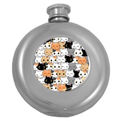 Cute-cat-kitten-cartoon-doodle-seamless-pattern Round Hip Flask (5 Oz)