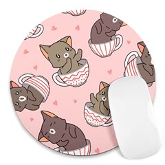 Seamless Pattern Adorable Cat Inside Cup Round Mousepads