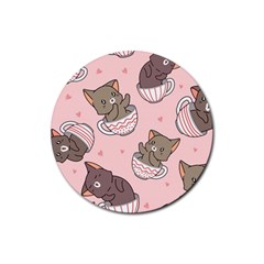 Seamless Pattern Adorable Cat Inside Cup Rubber Round Coaster (4 Pack)