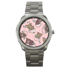 Seamless Pattern Adorable Cat Inside Cup Sport Metal Watch