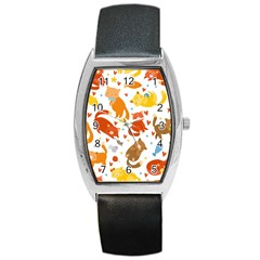 Seamless Pattern With Kittens White Background Barrel Style Metal Watch