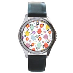 Easter Seamless Pattern With Cute Eggs Flowers Round Metal Watch