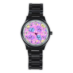 Seamless Pattern With Cute Kawaii Kittens Stainless Steel Round Watch by Jancukart