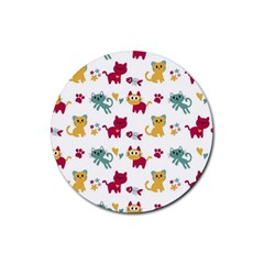 Pattern With Cute Cats Rubber Round Coaster (4 Pack)