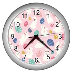 Cute Bunnies Easter Eggs Seamless Pattern Wall Clock (silver)