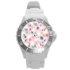 Cute Bunnies Easter Eggs Seamless Pattern Round Plastic Sport Watch (l) by Jancukart