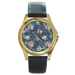 Vintage Flowers Pattern Round Gold Metal Watch