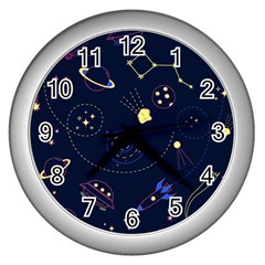 Cartoon-space-seamless-pattern-vectors Wall Clock (silver)